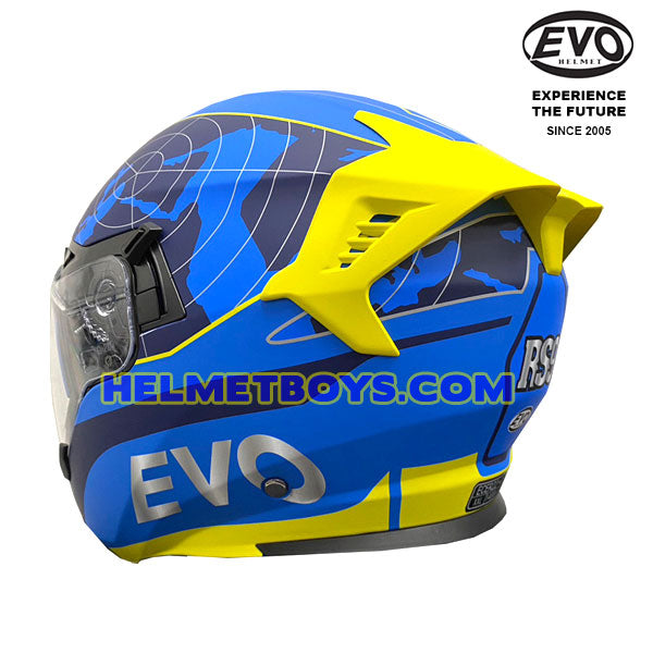 EVO RS9 Motorcycle Sunvisor Helmet RADAR BLUE YELLOW backflip view