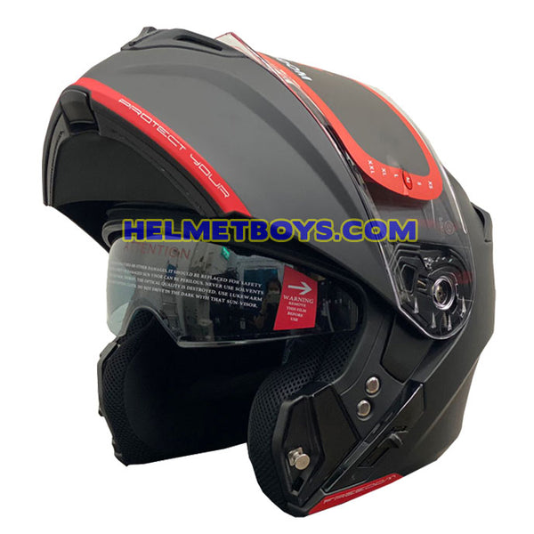 LAZER MH6 Flip Up Motorcycle Helmet matt black visor up view