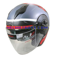 TRAX T735 sunvisor motorcycle helmet grey red slant view