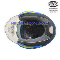 EVO RS9 Motorcycle Sunvisor Helmet RADAR BLUE YELLOW inner padding view