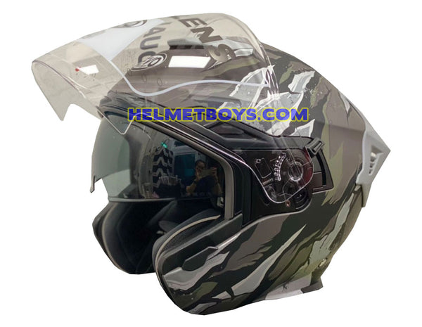 EVO RS9 Motorcycle Sunvisor Helmet FIRE FLAME MATT GREY SILVER visor up
