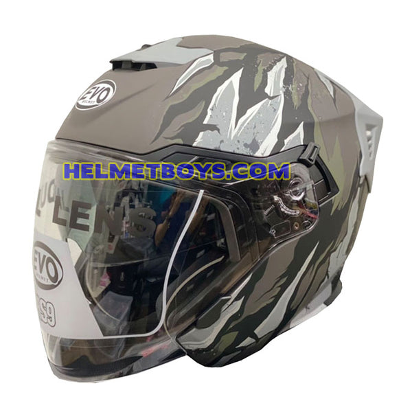 EVO RS9 Motorcycle Sunvisor Helmet FIRE FLAME MATT GREY SILVER slant view