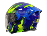 EVO RS9 Motorcycle Sunvisor Helmet FIRE FLAME BLUE FLUO GREEN backflip view