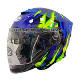 EVO RS9 Motorcycle Sunvisor Helmet FIRE FLAME BLUE FLUO GREEN slant view