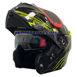 LAZER MH6 Flip Up Motorcycle Helmet RACELINE FLUO YELLOW slant visor up view