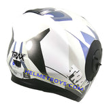 TRAX T735 sunvisor motorcycle helmet white blue backflip view