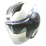 TRAX T735 sunvisor motorcycle helmet white blue slant view